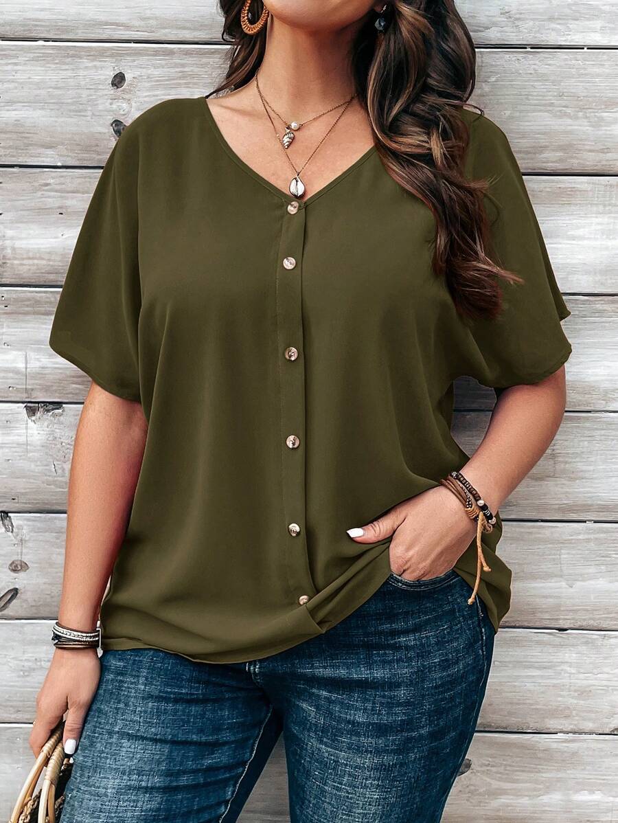EMERY ROSE Plus Size Plain Batwing Sleeve Buttoned-Up Blouse - Army Green - View 1