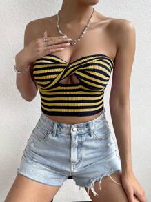 SHEIN Unity Women's Striped Knitted Twist Front Hollow Out Strapless Top - Multicolor - View 4