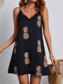 Coeurva 女性菠蘿印花綁帶夏季連身裙 - 黑色 - 查看 6