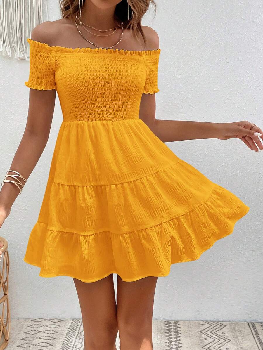 SHEIN VCAY Vestido De Verano unicolor Con Borde En Volante Y Hombros Descubiertos - Amarillo - Ver 1