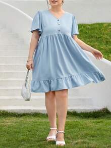 SHEIN Essnce Plus Size Blue Spring Summer New V-Neck Ruffled Sleeve Button Detail Dress - Blue - View 3