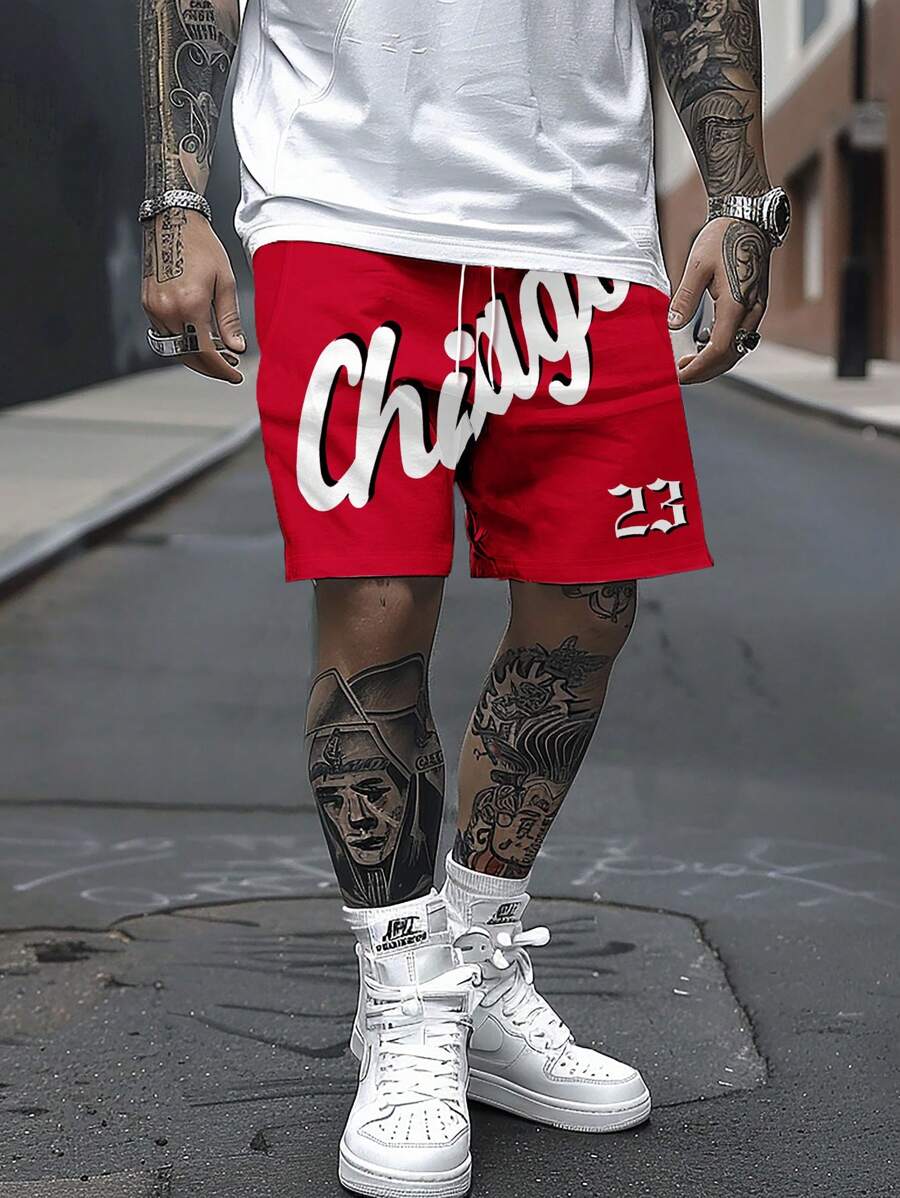 Manfinity Roghcode 男士字母印花抽绳腰短裤 纯色 深红色 - 紅色 - 查看 1