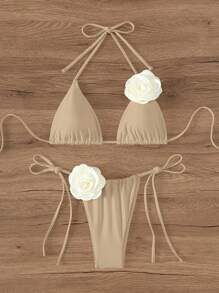 Swim Chiccia Set Bikini Halter Decorato Con Fiori 3D A Contrasto Di Colore, Per Nuoto E Spiaggia Estiva