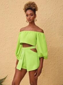 AMARI MONEE 设计师商务休闲露肩灯笼袖短款衬衫，适合秋季、假日、度假、春季、节日、办公室 - 綠色 - 查看 4