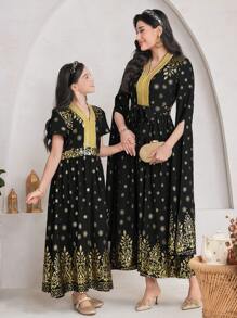 Al Najma V 领开衩下摆长裙简约时尚日常休闲 - 黑色 - 查看 1