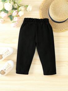 SHEIN Vintaside Kids 女嬰休閒錐形牛仔褲，花苞腰設計 - 黑色 - 查看 2