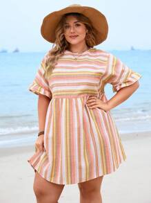 SHEIN VCAY 大碼條紋喇叭袖連身裙 - 彩色 - 查看 3