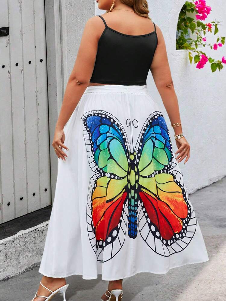 Plus-Size Solid Color Camisole Top And Butterfly Printed Skirt Two-Piece Set