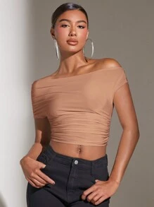 SHEIN BAE Áo croptop nữ màu trơn trễ vai xếp ly - Màu Khaki - Xem 7