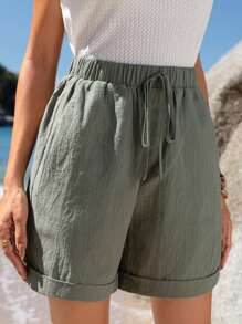 EMERY ROSE Pantalones cortos de verano verdes casuales de mujer de algodón con cintura elástica, dobladillo enrollado, bolsillo en ángulo