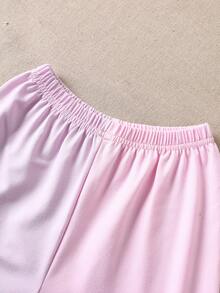Camiseta de manga corta y pantalones cortos con bloques de color y estampado de letras para niña joven - Verde - Ver 6