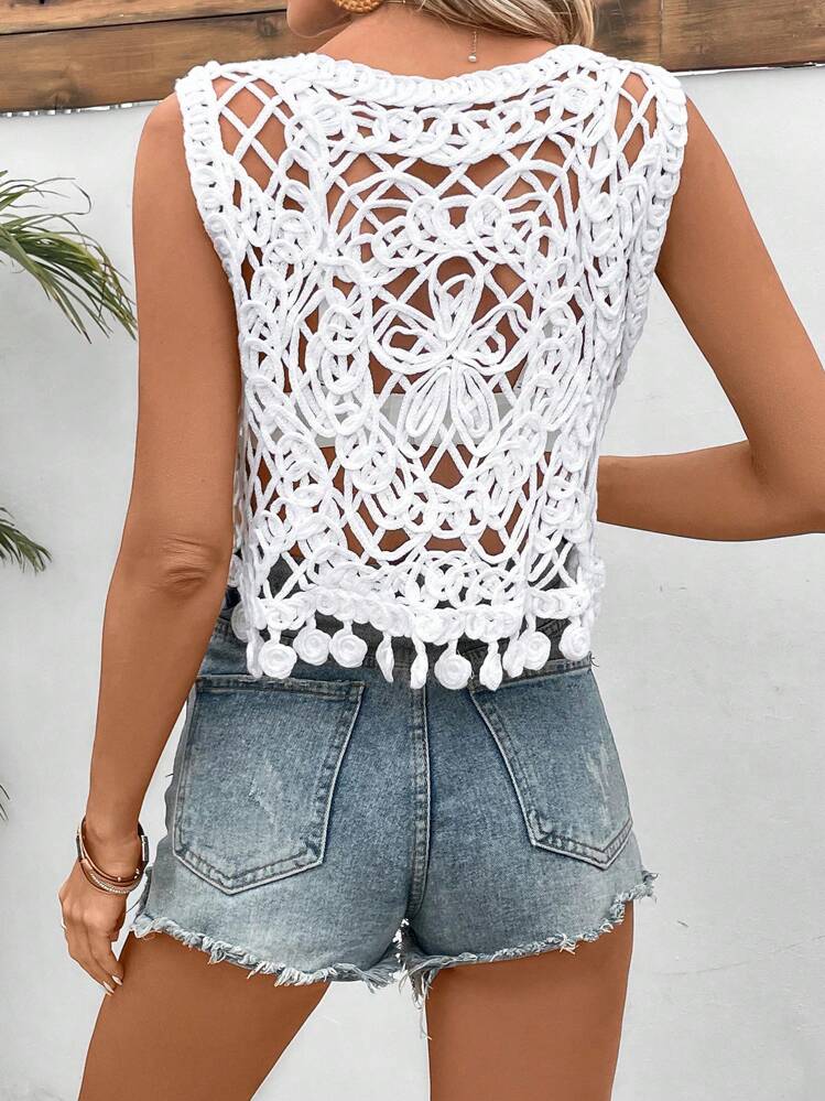 SHEIN VCAY Của phụ nữ Xu hướng: Cắt giảm Vòng cổ Áo len dệt kim Áo vest Đối với Kỳ nghỉ - trắng - Xem 2