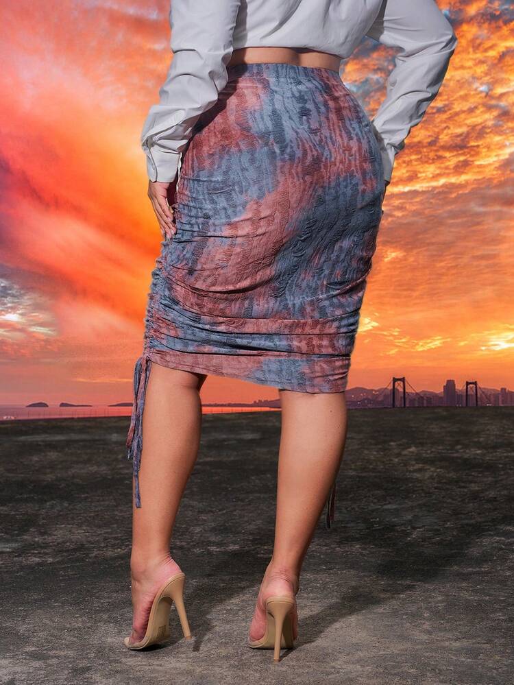 Plus Size Women's Tie Dye Side Drawstring Skirt
