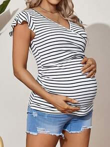SHEIN Maternity Striped Ruffle Armhole Nursing T-Shirt - Black and White - View 3