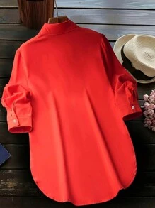Plus Size Women Fashion Solid Color Side Slit Blouse - Red - View 3