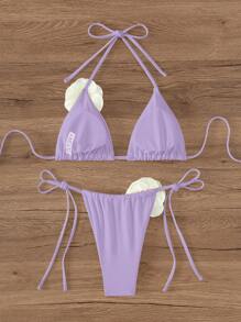 SHEIN Swim 顏色磚塊式紫色3d薔薇花頸帶比基尼套裝,配有分離的綁帶游泳褲底 - 紫丁香色 - 查看 2