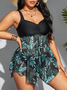 Swim Lushoire Ensemble de maillot de bain d'été plante d'impression plus taille. Mini robe de plage épissure et culotte triangle de couleur unie