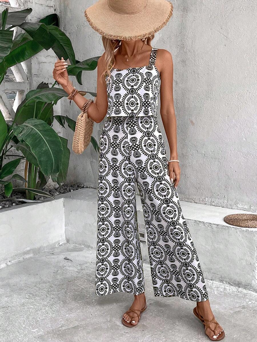 Breezaya Bộ đồ liền thân không tay in họa tiết toàn thân và dây đeo bản rộng - màu đen - Xem 1