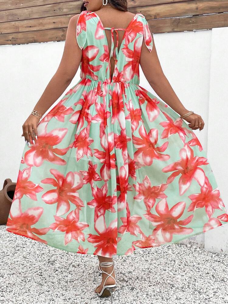 Plus Size Women's Floral Print V-Neck Sleeveless Belted Dress