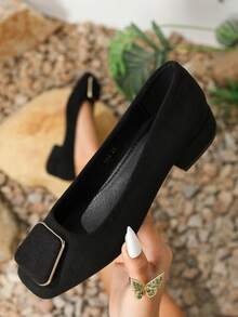 Women's Flat Mary Jane Shoes, Square Toe Chunky Heel, Buckle Decor, Black, Suitable For Work And Wedding - Black - View 4