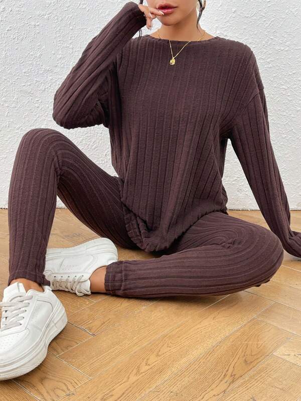 SHEIN Frenchy Drop Shoulder Ribbed Knit Tee & Leggings Textured Fabric Two Pieces Winter Brown