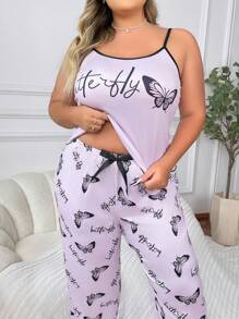 SHEIN Conjunto De Pijama De Dos Piezas Con Tirantes Butterfly Y Pantalones Largos Para Tallas Grandes - Morado - Ver 5