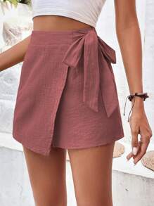 SHEIN Frenchy Solid Knot Side Wrap Skort Cotton Summer Pink Casual - Dusty Pink - View 3