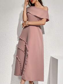 Modelyn Women's Solid Color Asymmetric Collar Dress Long Evening Dresses - Pink - View 7