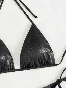 SHEIN Swim 女士純色頸掛比基尼套裝,沙灘裝泳衣夏季 - 黑色 - 查看 5