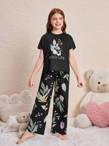 SHEIN Tween Girl Fresh Floral Pattern Round Neck Short Sleeve Top And Knit Loose Casual Pajama Set With Long Pants
