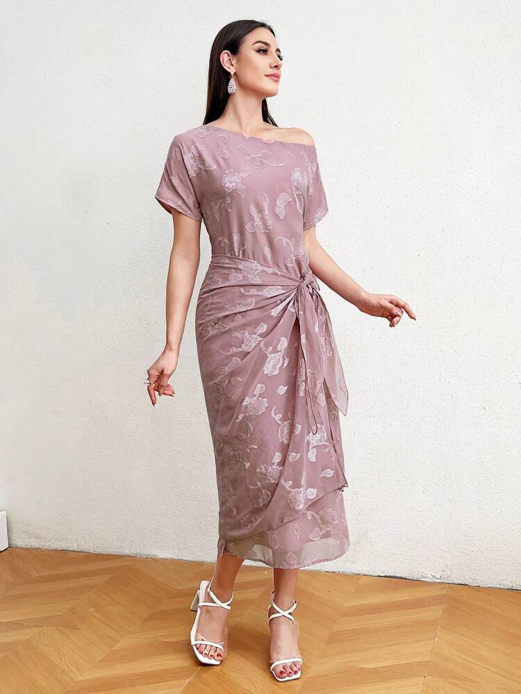 Women's Floral Jacquard Asymmetric Collar Short Sleeve Dress Long Evening Dresses