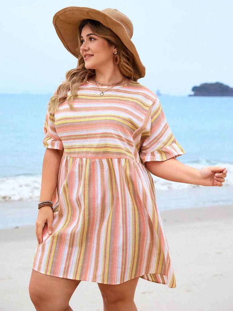 Plus Size Striped Flare Sleeve Dress