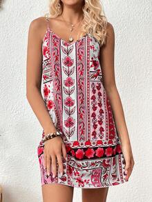 SHEIN VCAY 女式v領休閒纖細肩帶裙,植物印花設計 - 紅色 - 查看 3