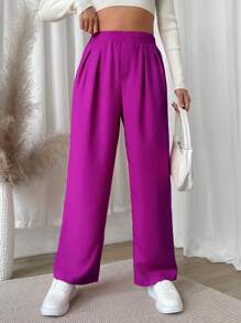 SHEIN Unity High Waist Plicated Detail Straight Leg Pants Fall Cloth For Women - Red Violet - View 5