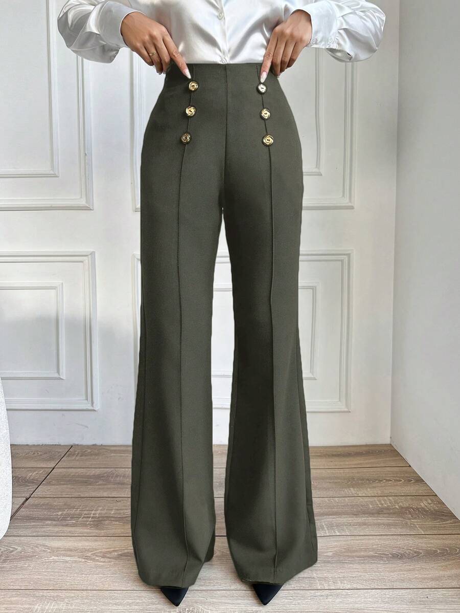 EURMUSE Women's Double-Breasted Button Decoration Pants - Dark Green - View 1