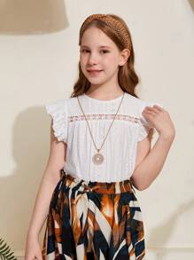 SHEIN Áo sơ mi tay bồng cổ tròn thêu khoét rỗng cho bé gái tuổi mới lớn - trắng - Xem 1