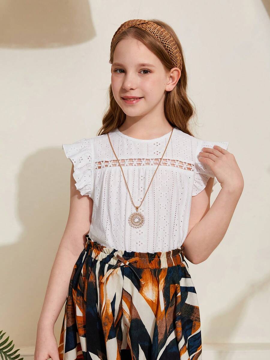 SHEIN Áo sơ mi tay bồng cổ tròn thêu khoét rỗng cho bé gái tuổi mới lớn - trắng - Xem 1