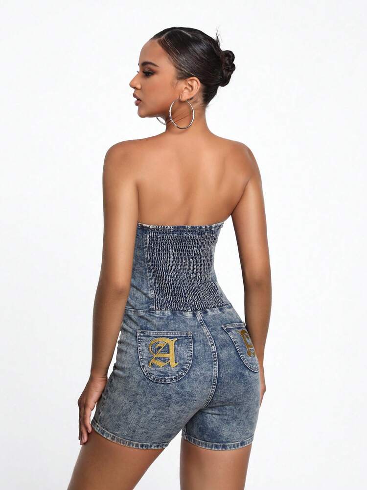 Designer Women Button Front Tube Cowgirl Denim Romper, For Summer, Holiday, Festival