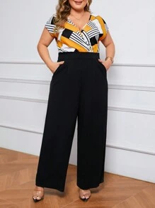 SHEIN Lady 加大碼顏色拼接v領蝙蝠袖寬鬆直筒連體褲 - 彩色 - 查看 4