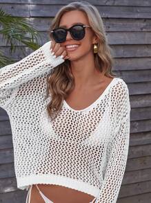 SHEIN Swim 女士圆领镂空长袖罩衫，适合度假、夏季海滩穿着 - 白色 - 查看 5