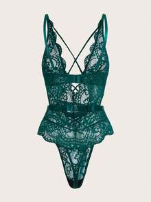 SHEIN Ladies' Hollow Out Lace Sexy Lingerie Set - Dark Green - View 5