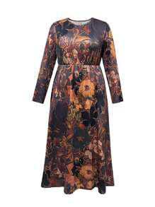 Plus Size Fashionable Casual Floral Print Round Neck Loose Modest Long Sleeve Dress