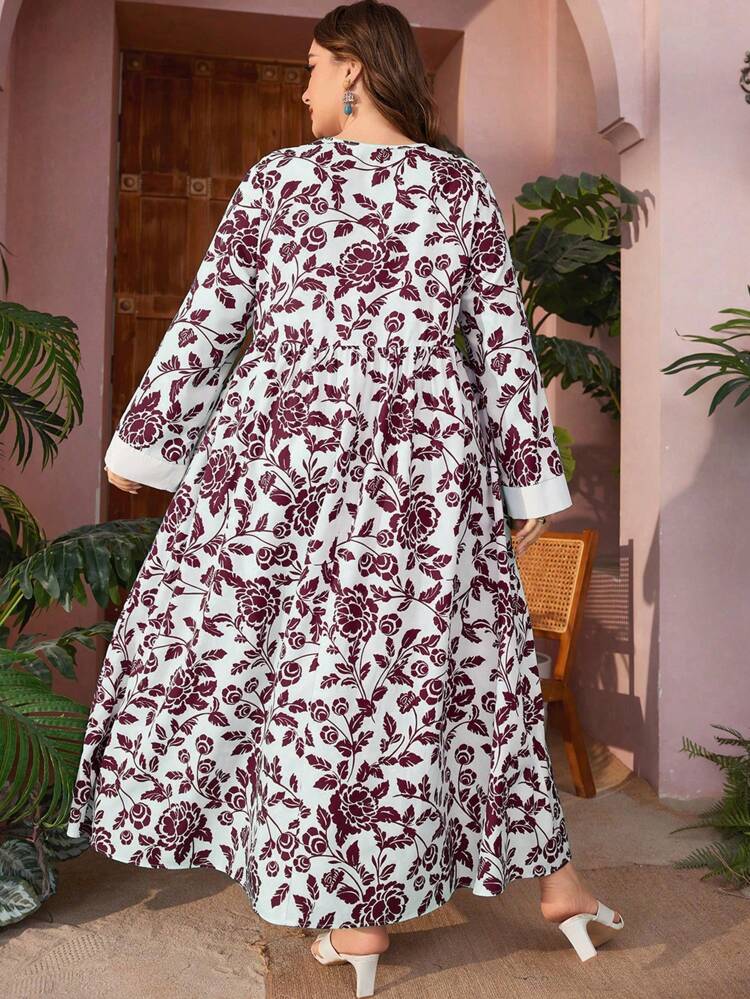 Plus Size Floral Print Notched Neck Arabic Clothing Kaftan Jalabiya Dress