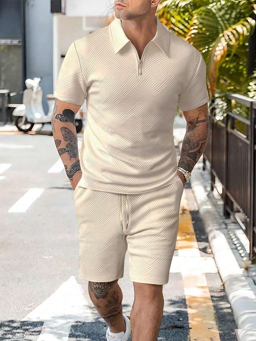 Manfinity Homme 男裝拉鍊半開襟短袖polo衫和短褲套裝 - 卡其色 - 查看 1