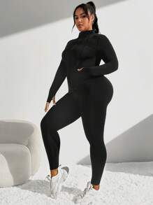 Rhythm Era Plus Size Zip Up Thumb Holes Sports Jacket & Holes Sports Jacket & Leggings Fit Set Workout Women Set - Black - View 3