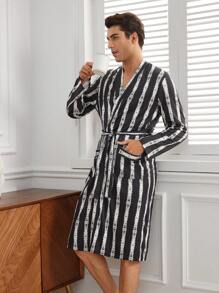 Men's Striped Long Sleeve Bathrobe - Black - View 7