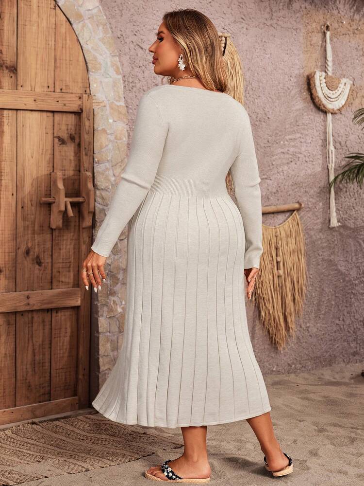 Plus Size Solid Color Waist-Fitting Sweater Dress