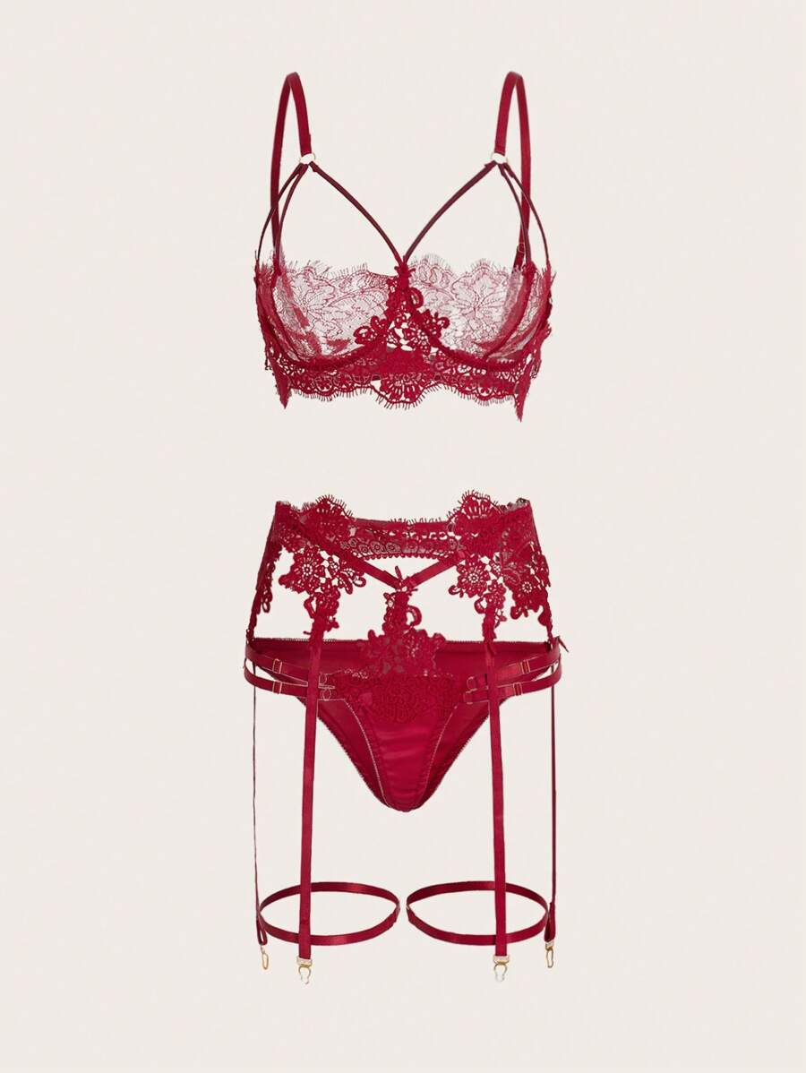 Set de lencería con encaje floral con aro con liga - Burdeos - Ver 1