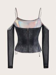 SHEIN X Danna Paola SHEIN ICON Contrast Mesh Sleeve Top - Multicolor - View 2