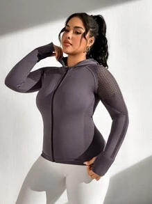 SHEIN Sports Plus Size Seamless Mesh Contrast Hooded Sports Jacket - Dark Grey - View 1